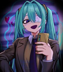 1girl aqua_hair bbb320 black_jacket blue_eyes blue_necktie brown_vest cellphone collared_shirt eyepatch freckles hair_between_eyes hair_intakes hand_up hatsune_miku heart highres holding holding_phone jacket long_hair long_sleeves medical_eyepatch monitoring_(vocaloid) necktie open_clothes open_jacket open_mouth phone shirt smartphone solo twintails upper_body vest vocaloid white_shirt