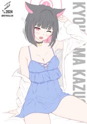 1girl ;o alternate_costume animal_ears arm_at_side bare_shoulders bed_sheet black_choker black_hair blue_archive blue_pajamas blunt_bangs blunt_ends blush bob_cut breasts bright_pupils cat_choker cat_ears cat_girl character_name choker cleavage colored_inner_hair commentary covered_navel cowboy_shot extra_ears eyelashes halo hand_up highres kazusa_(blue_archive) long_sleeves looking_at_viewer medium_breasts multicolored_hair one_eye_closed open_clothes open_mouth open_shirt pajamas pink_hair pink_halo realen red_eyes shirt short_hair signature simple_background sitting sleepy solo spaghetti_strap squeans straight_hair symbol-only_commentary thighs twitter_username two-tone_hair white_background white_shirt