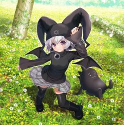 1girl 1other arm_up bat_wings black_boots black_hat black_shirt black_sweater black_thighhighs black_wings boots breasts commentary_request dandelion detached_wings earrings floating_clothes flower from_above grass hat hexagram highres jewelry kuro_unyuu looking_at_viewer looking_up mayura naox orb pillar plaid_clothes plaid_skirt pleated_skirt purple_eyes shirt short_hair skirt small_breasts smile sphere_earrings star_of_david sweater thighhighs ukagaka white_hair white_skirt wings zettai_ryouiki