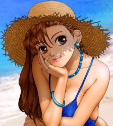 1girl beach blue_one-piece_swimsuit blurry blurry_background bracelet breasts brown_eyes brown_hair collarbone hat jewelry long_hair looking_at_viewer one-piece_swimsuit original outdoors solo straw_hat swimsuit yui_toshiki