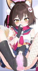 1girl animal_ear_fluff animal_ears asymmetrical_legwear black_gloves blue_archive blush brown_hair chinese_commentary commentary_request didac_fantasy fishnet_thighhighs fishnets fox_ears fox_tail gloves halo highres izuna_(blue_archive) neckerchief pink_halo scarf simulated_footjob single_sock single_thighhigh skirt socks solo tail thighhighs