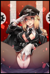 1girl anus armband banner belt between_breasts black_border black_necktie border breasts brick_wall censored collared_shirt epaulettes female_focus gloves grey_eyes hat heart heart-shaped_pupils highres jacket jacket_on_shoulders lips long_hair looking_at_viewer military military_uniform mole mole_under_eye naidong_(artist) nazi necktie necktie_between_breasts nipples open_clothes open_mouth open_shirt original pantyhose peaked_cap pussy round_teeth salute shirt short_hair sitting skull solo spread_legs spread_pussy swastika symbol-shaped_pupils teeth torn_clothes torn_pantyhose white_gloves wing_collar