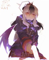 1girl absurdres artist_name black_hair black_hoodie black_horns black_wings blue_archive commentary dated grey_halo gun hair_between_eyes halo highres holding holding_gun holding_weapon hood hood_down hoodie horns jpg. kayoko_(blue_archive) low_wings medium_hair multicolored_hair red_eyes red_skirt simple_background skirt solo two-tone_hair weapon white_background white_hair wings