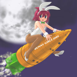 1girl animal_ears blue_eyes carrot fake_animal_ears female_focus fishnet_pantyhose fishnets full_moon leotard marison_(aono107) moon original pantyhose playboy_bunny rabbit_ears red_hair revision rocket short_hair solo ultramarine
