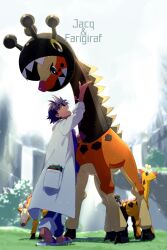 1boy :d arm_up character_name coat commentary_request day echo_(circa) farigiraf gen_2_pokemon girafarig grass jacq_(pokemon) male_focus nintendo open_mouth outdoors pants pokemon pokemon_(creature) pokemon_sv sandals shirt short_hair sleeves_rolled_up smile sparkle standing water waterfall