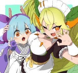 Rule 34 | 2girls, black dress, blue gloves, blue hair, blue kimono, blue tail, breasts, brown eyes, claw pose, cowboy shot, dragon girl, dragon horns, dragon tail, dress, duel monster, fingerless gloves, gloves, green hair, green tail, highres, horns, japanese clothes, kimono, large breasts, laundry dragonmaid, maid, maid headdress, multiple girls, one eye closed, orange eyes, parlor dragonmaid, tail, twintails, urasuka, yu-gi-oh!