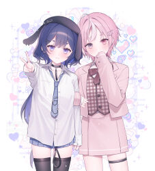 Rule 34 | 2girls, :3, :o, absurdres, antenna hair, arm up, black choker, black hat, black thighhighs, blue hair, blue necktie, blue skirt, blush, bow, bowtie, choker, collared shirt, commentary request, commission, cowboy shot, ear piercing, earrings, formal clothes, grey eyes, hair ornament, hairclip, hand on own chin, hand up, hat, heart, heart hair ornament, heterochromia, highres, holding another&#039;s arm, jacket, jewelry, kumo tabetai, leash, long hair, medium hair, multiple girls, necktie, open collar, original, piercing, pink hair, pink jacket, pink skirt, pink suit, pink vest, pleated skirt, purple eyes, red bow, red eyes, shirt, skirt, sleeves past wrists, standing, suit, thigh strap, thighhighs, v, vest, white shirt, zettai ryouiki