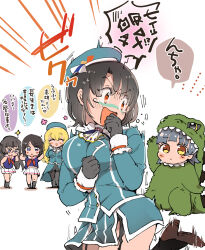 Rule 34 | 5girls, arare (kancolle), atago (kancolle), beret, black gloves, black hair, blonde hair, blush, breasts, choukai (kancolle), closed eyes, cosplay, fujii rino, garter straps, glasses, gloves, godzilla, godzilla (cosplay), godzilla (series), godzilla minus one, grey hair, hat, highres, kantai collection, large breasts, long hair, maya (kancolle), military, military uniform, multiple girls, open mouth, pleated skirt, red eyes, scared, short hair, simple background, skirt, surprised, takao (kancolle), tears, toho, translation request, white background, white skirt