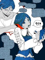 1boy 1girl b1ue_e4rth blue_eyes blue_hair blue_theme bright_pupils closed_eyes collared_shirt commentary frilled_shirt frills fukurai_azami hashtag-only_commentary highres holding holding_notebook holding_pen holding_phone limited_palette long_sleeves looking_at_viewer meguriya_ayumu notebook open_mouth pen phone shirt short_hair smile speech_bubble sweatdrop talking_on_phone toshi_densetsu_kaitai_center white_pupils writing