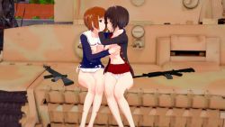 2girls 3d blush breasts breasts_out brown_eyes brown_hair girls_und_panzer grabbing_another&#039;s_breast groping gun highres hug imminent_kiss incest kuromorimine_military_uniform large_breasts looking_at_another microskirt military military_uniform military_vehicle motor_vehicle multiple_girls nipples nishizumi_maho nishizumi_miho no_bra ooarai_military_uniform open_clothes panties rifle short_hair siblings sisters sitting skirt smile tank underwear weapon white_panties yuri