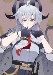 Rule 34 | 1girl, absurdres, adjusting clothes, adjusting gloves, ahoge, biting, biting glove, black gloves, black horns, black jacket, black pants, black tail, breasts, chest harness, closed mouth, coin, commentary request, curled horns, demon tail, earrings, gloves, hair between eyes, half gloves, harness, high-waist pants, highres, homake, horns, jacket, jacket on shoulders, jewelry, key earrings, long hair, looking at viewer, medium breasts, mole, mole under eye, multicolored hair, necktie, pants, partial commentary, red eyes, red necktie, shirt, shirt tucked in, solo, streaked hair, tail, upper body, white shirt, wuthering waves, zani (wuthering waves)