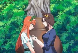 2girls air_groove_(umamusume) animal_ears black_shirt blue_eyes blue_jacket bow brown_hair casual commentary_request ear_bow ear_covers from_side green_eyes hairband highres hime_cut horse_ears horse_girl jacket long_hair long_sleeves maria-sama_ga_miteru multiple_girls orange_hair partial_commentary scene_reference shirt short_hair silence_suzuka_(umamusume) statue sugamo_(rainysnowy108) tying umamusume upper_body white_hairband white_shirt yellow_bow your_tie_is_crooked