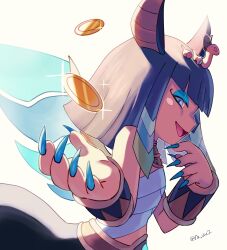 Rule 34 | 1girl, ancient egyptian, ancient egyptian clothes, animal ears, artist name, black hair, blue eyes, blue eyeshadow, blue nails, centauroid, coin, eyeshadow, fingernails, gold coin, highres, kurekurepatra, makeup, medium hair, open mouth, rongai28, sharp fingernails, simple background, solo, taur, upper body, white background, wings, youkai (youkai watch), youkai watch