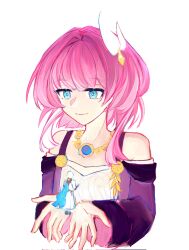 Rule 34 | 1boy, 1girl, blue eyes, breasts, coat, commentary request, cyrene (honkai: star rail), dress, hair ornament, highres, honkai: star rail, honkai (series), jewelry, medium hair, necklace, phainon (honkai: star rail), pink hair, purple coat, shiyufeng644801, simple background, small breasts, upper body, white background, white dress, white hair