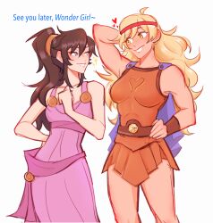 2girls arm_behind_head aurora_(aurawra21) blonde_hair blue_eyes breasts brown_hair cape class_of_09 commentary cosplay disney dress earrings english_text hand_on_own_hip headband hercules_(1997_film) hercules_(disney) hercules_(disney)_(cosplay) highres jecka_(class_of_09) jewelry long_dress medium_breasts megara_(disney) megara_(disney)_(cosplay) miniskirt multiple_girls nicole_(class_of_09) orange_eyes pink_dress ponytail purple_cape red_headband skirt small_breasts smile standing toned toned_female yuri