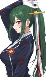 1girl absurdres blood blood_on_clothes blood_on_face bloody_weapon blue_jacket breasts brown_eyes closed_mouth crusch_karsten green_hair highres holding holding_sword holding_weapon jacket large_breasts long_hair looking_at_viewer mino_(miiiinon611) ponytail re:zero_kara_hajimeru_isekai_seikatsu simple_background smile solo sword upper_body weapon white_background