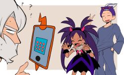 Rule 34 | 1girl, 2boys, ?, ??, beard over mouth, closed eyes, creatures (company), dark-skinned female, dark skin, drayden (pokemon), drayton (pokemon), dress, fake horns, fang, game freak, gen 4 pokemon, grey hair, grey pajamas, hand in pocket, highres, horns, iris (fall 2022) (pokemon), iris (pokemon), multiple boys, nam (namart76), nintendo, official alternate costume, open mouth, pajamas, pokemon, pokemon bw, pokemon masters ex, pokemon sv, purple dress, purple hair, rotom, rotom phone, v