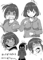1girl 4shi bandages blood boxing_gloves monochrome open_mouth short_hair smile sweater tagme translation_request