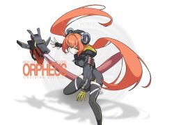 1girl absurdres asymmetrical_gloves black_jacket black_thighhighs breasts character_name dragon_girl dragon_horns dragon_tail fakeseal2 feet_out_of_frame fingerless_gloves gloves highres hood hoodie horns jacket long_hair mechanical_horns mechanical_tail medium_breasts mismatched_gloves orange_hair orpheus_(zenless_zone_zero) pencil_skirt single_fingerless_glove skirt tail thighhighs twintails white_background yellow_eyes zenless_zone_zero