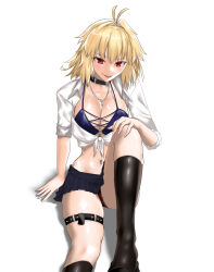 1girl ahoge alternate_costume arcueid_brunestud blonde_hair blue_notuki blush boots bra breasts choker cleavage gyaru highres jewelry midriff necklace open_clothes open_shirt panties red_panties school_uniform shirt short_hair skirt smile tied_shirt tsukihime tsukihime_(remake) unbuttoned underwear