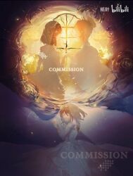 Rule 34 | 2girls, artist request, bare shoulders, bilibili logo, blonde hair, bridal gauntlets, bridal veil, brown hair, capelet, closed eyes, commission, couple, dress, female focus, from behind, gown, hair bun, hair spread out, half updo, highres, holding hands, jpeg artifacts, light particles, long dress, long hair, long sleeves, lying, multiple girls, multiple views, off-shoulder dress, off shoulder, on side, original, own hands together, rain, ripples, see-through clothes, see-through veil, short hair, single hair bun, sky, sleeves past wrists, source request, sun, third-party source, tiara, tree, veil, watermark, wedding dress, white capelet, white dress, white veil, wife and wife, window, yellow sky, yuri