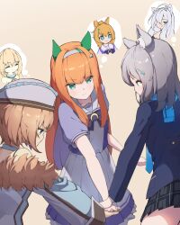 Rule 34 | 3girls, absurdres, animal ears, blanc (neptunia), blonde hair, blue archive, blue eyes, blue necktie, blue scarf, bow, bowtie, breast envy, breasts, choker, choujigen game neptune, closed eyes, collarbone, commentary, commission, cross, cross hair ornament, crossover, ear covers, eyes visible through hair, flat chest, flat chest joke, fur trim, green choker, green eyes, grey eyes, grey hair, hair between eyes, hair intakes, hair ornament, hair over one eye, hairband, hat, hibiki (zerocodo), highres, horse ears, horse girl, inverted cross, long hair, looking down, medium hair, miniskirt, multiple crossover, multiple girls, neck ribbon, necktie, neptune (series), no halo, off shoulder, orange hair, pixiv commission, plaid clothes, plaid skirt, pleated skirt, ponytail, puffy short sleeves, puffy sleeves, purple bow, purple bowtie, purple shirt, ribbon, sailor collar, scarf, school uniform, shiroko (blue archive), shiroko terror (blue archive), shirt, short hair, short sleeves, sidelocks, silence suzuka (umamusume), skirt, spaghetti strap, speech bubble, spoken character, star (symbol), star hair ornament, striped clothes, striped hairband, summer uniform, taiki shuttle (umamusume), thought bubble, tracen school uniform, trait connection, umamusume, vert (neptunia), white hairband, white hat, white sailor collar, white skirt, wolf ears, wolf girl