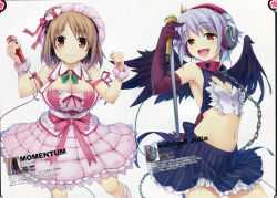 Rule 34 | 10s, 2girls, absurdres, angel wings, bare shoulders, black wings, blue hair, blush, breasts, brown eyes, brown hair, chain, cleavage, cleavage cutout, clothing cutout, collar, dress, frilled skirt, frills, gloves, hair ornament, hat, headphones, heart, heart cutout, highres, hiiro yuki, idolmaster, idolmaster cinderella girls, koshimizu sachiko, large breasts, looking at viewer, microphone, microphone stand, mimura kanako, multiple girls, navel, open mouth, pink dress, pinstripe pattern, ribbon, scan, short hair, skirt, small breasts, smile, striped, wings