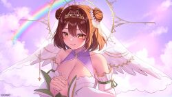 1girl absurdres artist_name blush breasts brown_eyes brown_hair cleavage cleavage_cutout closed_mouth clothing_cutout collarbone commentary detached_sleeves double_bun english_commentary flower hair_bun hair_flower hair_ornament halo highres indie_virtual_youtuber interlocked_fingers konyanart second-party_source sheffy_(vtuber) short_hair smile solo upper_body veil virtual_youtuber white_flower white_sleeves white_wings wings