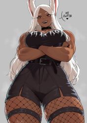1girl absurdres arms_under_breasts belt black_lips boku_no_hero_academia breasts choker crossed_arms english_text female_focus fingerless_gloves fishnet_thighhighs fishnets gloves goth_fashion highres kalennoir large_breasts long_hair looking_at_viewer mirko muscular muscular_female rabbit_ears red_eyes shorts simple_background speech_bubble thighhighs white_hair