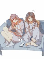 ! 2girls absurdres ankle_socks bang_dream! bang_dream!_it&#039;s_mygo!!!!! barefoot blue_eyes breast_pocket brown_hair cellphone chihaya_anon chinese_commentary closed_mouth collared_dress commentary_request couch cushion dress e-fa-dorn glasses highres holding holding_phone hood hoodie knees_up long_dress long_hair long_sleeves looking_at_another looking_at_object looking_down looking_to_the_side multiple_girls nagasaki_soyo no_socks notice_lines on_couch pajamas phone pink_hair pocket shirt sideways_glance simple_background sitting sitting_sideways smartphone smartphone_case socks spoken_exclamation_mark white_background white_dress white_hoodie white_pajamas white_shirt white_socks