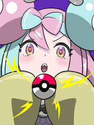 Rule 34 | 1girl, :o, absurdres, bow-shaped hair, character hair ornament, commentary request, grey shirt, hair ornament, highres, iono (pokemon), jacket, light blush, nintendo, open mouth, poke ball, poke ball (basic), pokemon, pokemon sv, purple background, shirt, solo, teeth, tomokichi (jfxx8745), tongue, upper body, upper teeth only, yellow jacket