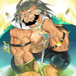 1boy abs animal_ears arsalan_(housamo) bara barefoot black_pants cape claws commentary duckus5 english_commentary furry furry_male green_cape highres holding holding_sword holding_weapon leather leather_pants lion_boy lion_ears lion_mane male_focus muscular muscular_male navel nipples pants pectorals planted planted_sword planted_weapon signature smile sword tokyo_houkago_summoners topless_male weapon whiskers
