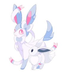 alternate_color animal_focus blue_eyes closed_mouth commentary eevee gen_1_pokemon gen_6_pokemon nintendo no_humans pink_eyes pokemon pokemon_(creature) shiny_pokemon smile sorashiramu standing sylveon symbol-only_commentary white_background