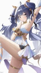 1girl absurdres ahoge ancient_greek_clothes arm_up black_skirt blue_eyes blue_hair breasts commentary finger_to_face from_side greco-roman_clothes head_wreath highres iuno_(wuthering_waves) large_breasts long_hair looking_at_viewer parted_lips rakizuuu signature simple_background skirt smile solo thighs twintails very_long_hair white_background wuthering_waves
