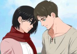 1boy 1girl black_hair blue_eyes blue_sky brown_hair cardigan cloud cloudy_sky collarbone commentary_request eren_yeager facial_scar forehead-to-forehead grey_eyes grey_shirt hair_behind_ear hair_between_eyes heads_together looking_at_another mikasa_ackerman open_cardigan open_clothes parted_lips peanuts261912 pink_cardigan red_scarf scar scar_on_cheek scar_on_face scarf shingeki_no_kyojin shirt short_hair sky three_quarter_view upper_body white_shirt