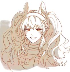Rule 34 | 1girl, angelina (arknights), animal ears, arknights, brown eyes, commentary request, fox ears, fox girl, grin, hairband, highres, korean commentary, looking at viewer, nills, portrait, smile, solo, spot color, twintails