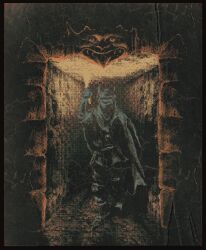 armor cape doorway halftone helmet highres horror_(theme) knight plastiboo solo teeth tongue tongue_out vermis walking
