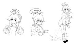 Rule 34 | 1girl, 1other, ahoge, asahina yoshitoshi, blue archive, blush, commentary request, disembodied hand, female ejaculation, food, greyscale, hair bun, halo, highres, jacket, kneehighs, long hair, long sleeves, looking at viewer, macaron, monochrome, multiple views, natsu (band) (blue archive), natsu (blue archive), nipple stimulation, nipple tweak, nipple tweak through clothes, open clothes, open jacket, parted lips, pointing at breasts, shirt, simple background, single side bun, socks, standing, t-shirt, white background