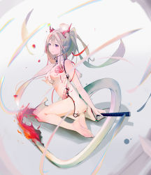 1girl absurdres arknights barefoot blush china_dress chinese_clothes dragon_tail dress fan feet highres horns long_hair nian_(arknights) pointy_ears purple_eyes soles tail toes white_hair