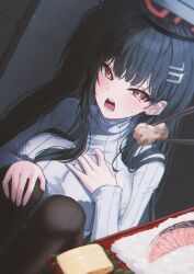 1girl absurdres black_hair black_halo blue_archive blush breasts bright_pupils chopsticks hair_ornament hairclip halo highres incoming_food large_breasts long_hair looking_at_viewer open_mouth red_eyes rice rio_(blue_archive) ryon_y0421 solo very_long_hair white_pupils