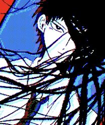 1boy black_eyes black_hair black_necktie blue_background danganronpa_(series) danganronpa_2:_goodbye_despair highres hinata_hajime jaggy_lines looking_at_viewer male_focus necktie pixel_art shirt short_hair solo uri_ka55 white_shirt