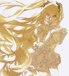 Rule 34 | 1girl, av4399, blonde hair, cowboy shot, dress, eyepatch, floating hair, flower, flower over eye, frills, hair flower, hair ornament, highres, kirakishou, lolita fashion, long hair, long sleeves, looking at viewer, open mouth, rose, rozen maiden, simple background, smile, solo, two side up, very long hair, white background, white flower, white rose, yellow eyes