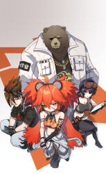 2boys 2girls absurdres animal_ears anton_ivanov bear_boy bear_ears ben_bigger black_hair black_shirt black_tank_top brown_fur chain chain_necklace furry furry_male goggles goggles_on_head grace_howard hashtag-only_commentary highres jacket jewelry knbd koleda_belobog midriff multicolored_hair multiple_boys multiple_girls necklace red_hair scar scar_across_eye scar_on_face shirt streaked_hair tank_top unworn_eyewear white_jacket zenless_zone_zero