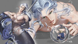 Rule 34 | 2boys, blonde hair, bubble, buster sword, cloud strife, commentary, english commentary, english text, final fantasy, final fantasy vii, fins, giant, giant male, green eyes, grey hair, highres, in bubble, jeriafterdark, long hair, looking at another, male focus, merman, mini person, miniboy, monster boy, monsterification, multiple boys, nipples, pants, pectorals, pointy ears, scales, sephiroth, short hair, silver bangle, size difference, slit pupils, smile, staff, toned, toned male, topless male, watermark, yaoi