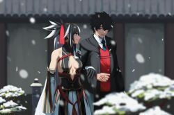 Rule 34 | 1boy, 1girl, absurdres, bare shoulders, black gloves, black hair, black robe, black shirt, black skirt, blue eyes, breasts, center opening, collared shirt, command spell, detached sleeves, fate/grand order, fate (series), fujimaru ritsuka (male), fujimaru ritsuka (male) (mage&#039;s association uniform), gloves, gold trim, green eyes, hair between eyes, halterneck, high ponytail, highres, hooded robe, layered skirt, long hair, medium breasts, multicolored hair, nagao kagetora (fate), necktie, open mouth, paperpillar, ponytail, red shirt, robe, shirt, sidelocks, skirt, smile, snow, two-tone hair, uesugi kenshin (fate), uesugi kenshin (third ascension) (fate), very long hair, white hair, white skirt, wide sleeves