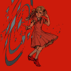 Rule 34 | 1girl, ana (mother), blonde hair, dress, finger to head, full body, hat, ice, index finger raised, kurkoboltsi, looking to the side, mother (series), mother 1, nintendo, psychic, puffy short sleeves, puffy sleeves, red background, second-party source, short sleeves, socks, solo, standing, twintails, unworn hat, unworn headwear
