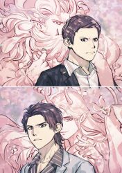 Rule 34 | 4boys, alternate costume, black hair, cherry blossoms, colored skin, frown, highres, horns, long hair, looking at another, looking at viewer, male focus, matsuno karamatsu, matsuno osomatsu, multiple boys, ningenis kuso, official alternate costume, osomatsu-san, osomatsu-san: hesokuri wars, osomatsu (series), parted hair, parted lips, pink skin, tusks, veins