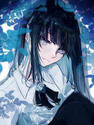 Rule 34 | 1girl, ado (utaite), black bow, black bowtie, black hair, blue eyes, blue flower, blue hair, bow, bowtie, chando (ado), closed mouth, collared shirt, colored inner hair, commentary, dress shirt, ear piercing, fang, flower, hashtag-only commentary, highres, looking at viewer, multicolored hair, piercing, shirt, sidelocks, solo, streaked hair, tanake (tanakei ado), upper body, white shirt