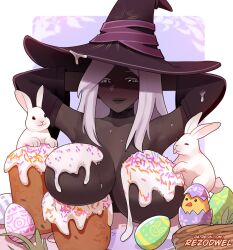 1girl armpits arms_behind_head arms_up artist_name black_choker black_hat black_sleeves blush breast_rest breasts cake choker closed_mouth collarbone commentary dark-skinned_female dark_skin detached_sleeves easter_egg egg elden_ring elden_ring_nightreign english_commentary food food_on_body food_on_breasts grey_eyes grey_hair hat huge_breasts icing lips long_hair parted_bangs patreon_username rabbit recluse_(elden_ring) rezodwel solo sprinkles suggestive_fluid sweatdrop topless_female unaligned_breasts upper_body very_dark_skin witch_hat