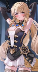 1girl absurdres armpits arms_up blonde_hair blue_eyes blue_gemstone blush bodice bound breasts chain chained chained_wrists cleavage clenched_teeth commentary_request cowboy_shot dress drill_hair drill_sidelocks gem genshin_impact highres lace-trimmed_collar lace_trim large_breasts long_hair looking_at_viewer navia_(genshin_impact) restrained ship&#039;s_wheel_ornament sidelocks skirt solo strapless strapless_dress suzumori_(su2525) sweatdrop teeth white_skirt